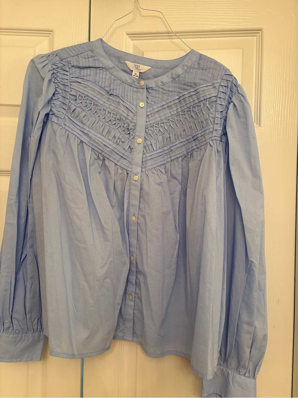 Time and Tru Light Blue Smocked Cotton Yoke Button-Front Blouse New!